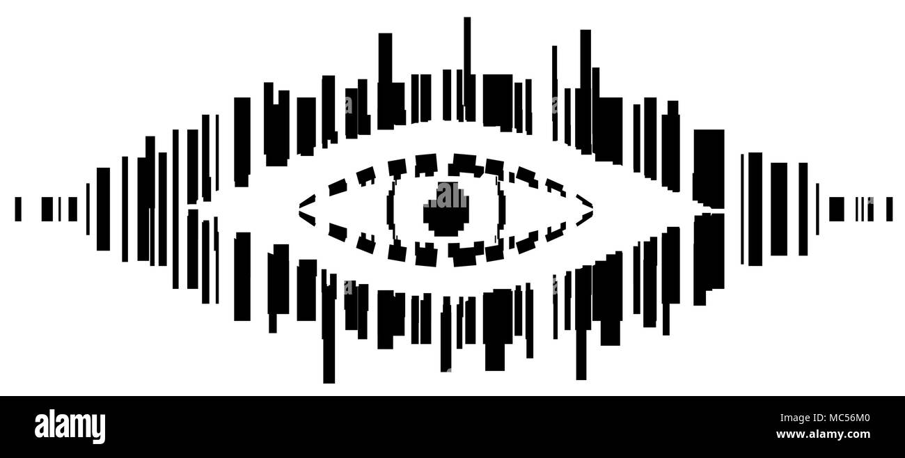 Codice a barre spy eye simbolo stilizzato nero stencil, illustrazione vettoriale, orizzontale, isolata su bianco Illustrazione Vettoriale