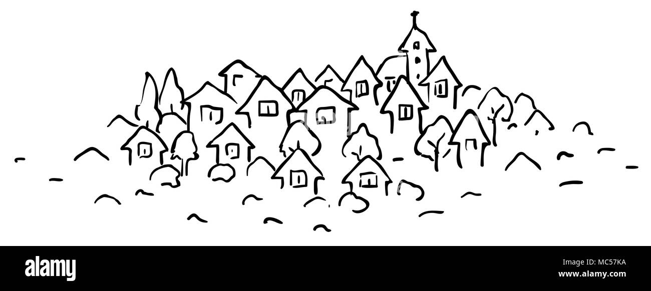 Piccola città stilizzata cartoon disegno della linea orizzontale, illustrazione vettoriale, isolato Illustrazione Vettoriale