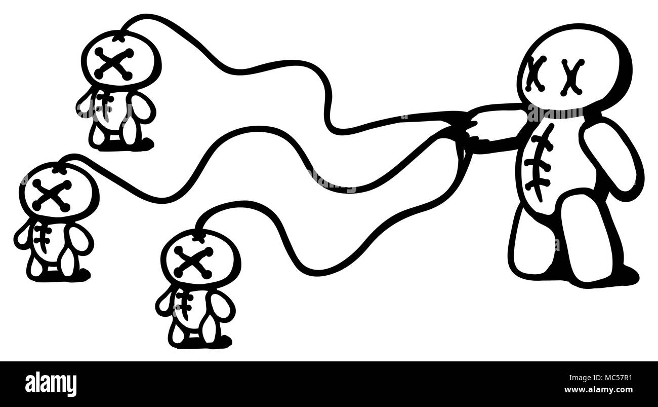 Voodoo Doll Controllare copie più piccole disegno della linea nera, illustrazione vettoriale, orizzontale, isolato Illustrazione Vettoriale