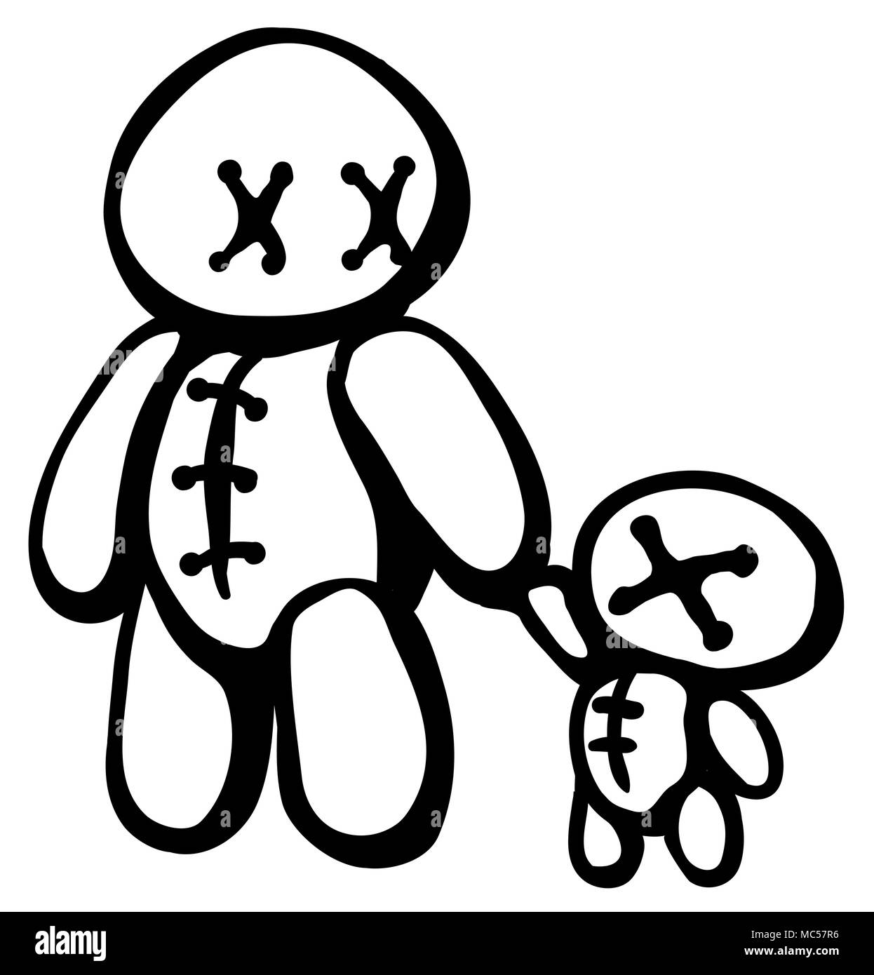 Voodoo Doll Controllare copie più piccole disegno della linea nera, illustrazione vettoriale, orizzontale, isolato Illustrazione Vettoriale