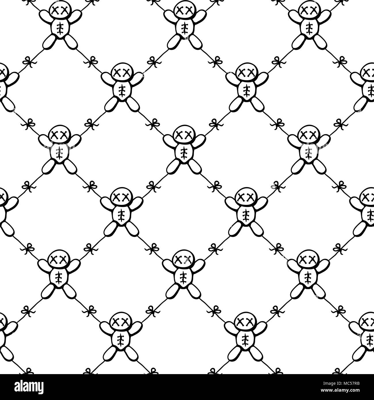 Bambole Voodoo legati insieme un movimento limitato net, texture seamless pattern, illustrazione vettoriale, quadrato, su bianco Illustrazione Vettoriale
