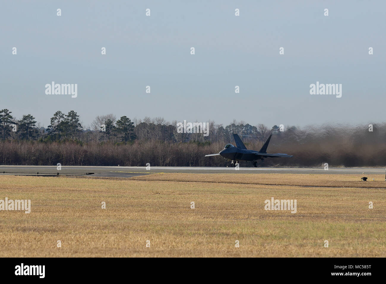 Un F-22 Raptor da combattimento aereo il comando F-22 Team di dimostrazione a Langley Air Force Base, Virginia, decolla prima di effettuare una dimostrazione pratica, Gennaio 26, 2018 presso Seymour Johnson Air Force Base in North Carolina. La F-22 aerodesign, avanzato controllo di volo, il calcolo del vettore di spinta e spinta elevato rapporto peso-forniscono la capacità di competere con successo con tutti gli attuali e gli aeromobili proiettata. (U.S. Air Force foto di Airman 1. Classe Kenneth Boyton) Foto Stock