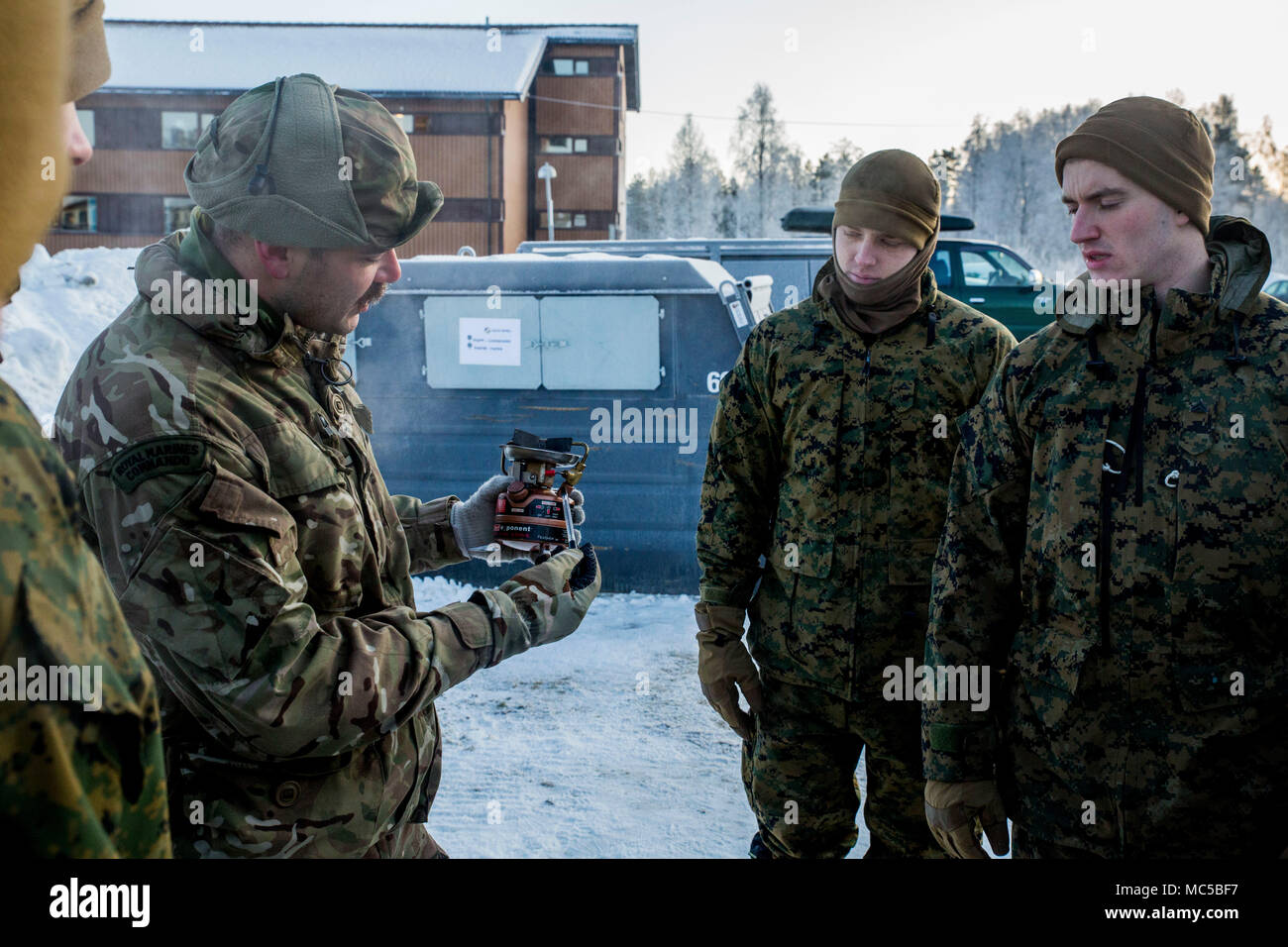 Un Regno Unito Royal Marine mutandine U.S. Marines con Marine forza rotazionale 17.2 su come utilizzare correttamente un campo stufa durante esercizio White Claymore in Bardufoss, Norvegia, 29 gennaio, 2018. White Claymore è un giunto bi-laterale freddo artico meteo pacchetto formazione guidata dal Regno Unito Royal Marines per treno e valutare la competenza in tempo freddo le operazioni e migliorare la cooperazione strategica e di partenariato tra gli Stati Uniti Marines e U.K. Royal Marines. (U.S. Marine Corps foto di Cpl. Careaf L. Henson/rilasciato) Foto Stock