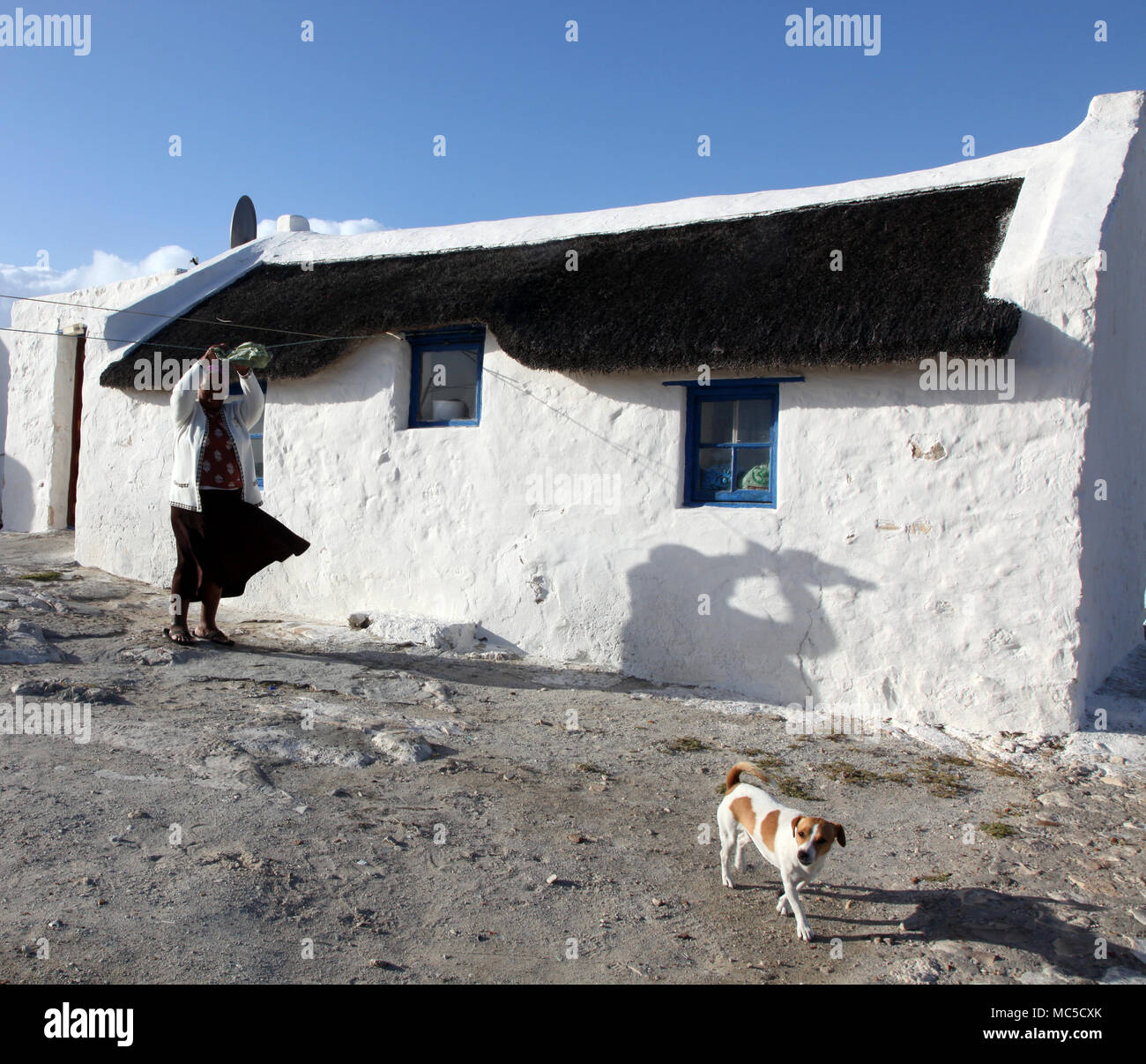 Fisherman's moglie appende fuori il lavaggio in Armiston villaggio di pescatori di Kassiesbaai, Westerm Cape, Sud Africa Foto Stock
