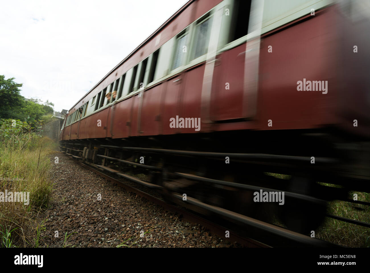 Durban, KwaZulu-Natal, Sud Africa, bambini guardando fuori di windows di movimentazione del carrello ferroviario, Inchanga Choo-Choo, treno a vapore esperienza, persone Foto Stock