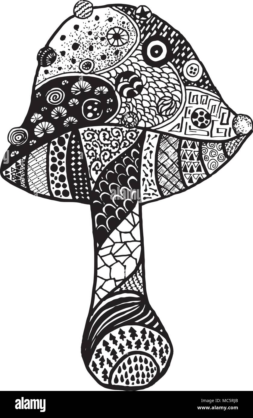 Magic Mushroom Amanita Doodle isolato nero. Illustrazione Vettoriale