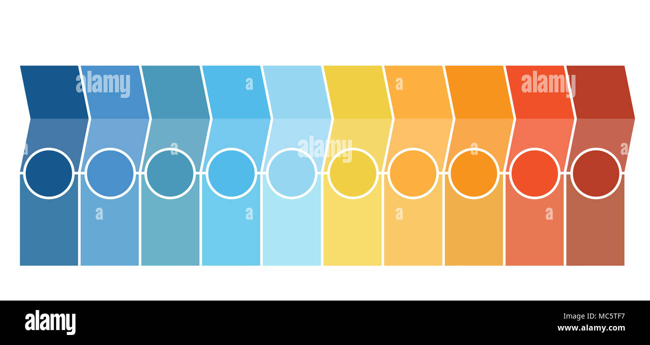 Modello Infographics, frecce, colonne, cerchi, design per Timeline 10 posizione può essere usata per il flusso di lavoro, banner, diagramma, web design grafico ad area. Foto Stock