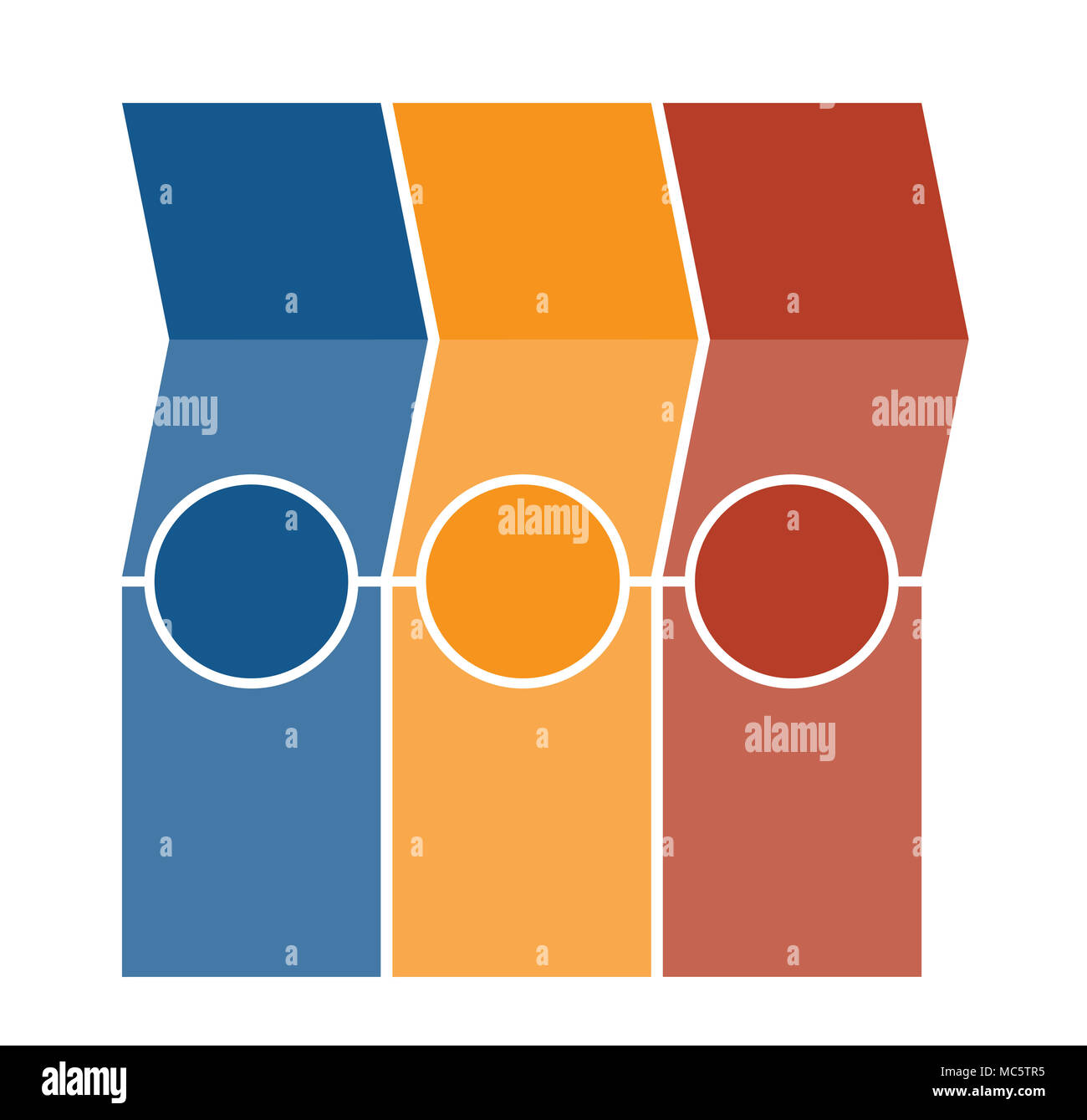 Modello Infographics, frecce, colonne, cerchi, design per Timeline 3 posizione può essere usata per il flusso di lavoro, banner, diagramma, web design grafico ad area. Foto Stock