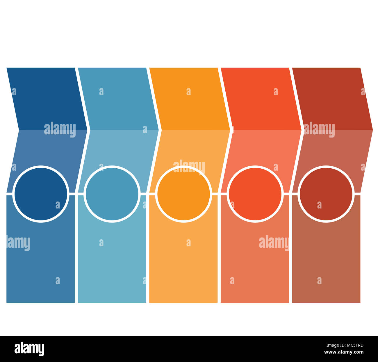 Modello Infographics, frecce, colonne, cerchi, design per Timeline la posizione 5 può essere utilizzato per il flusso di lavoro, banner, diagramma, web design grafico ad area. Foto Stock