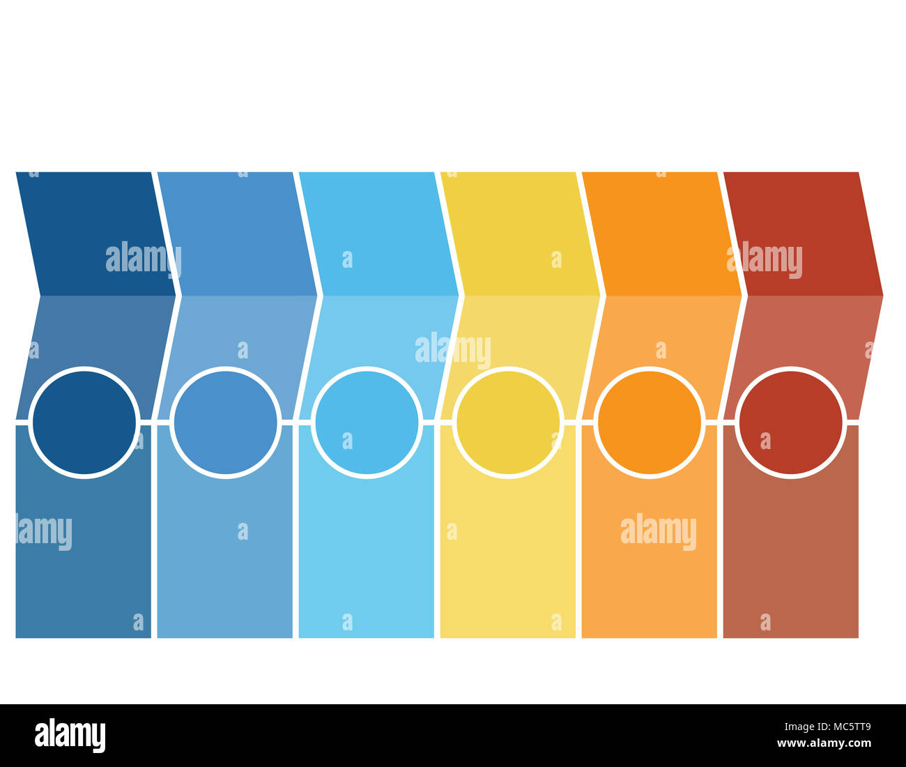 Modello Infographics, frecce, colonne, cerchi, design per Timeline 6 posizione può essere usata per il flusso di lavoro, banner, diagramma, web design grafico ad area. Foto Stock