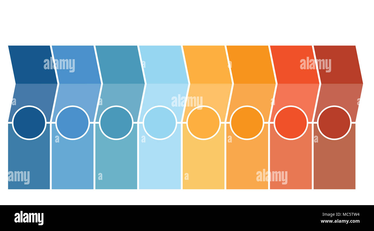 Modello Infographics, frecce, colonne, cerchi, design per Timeline 8 posizione può essere usata per il flusso di lavoro, banner, diagramma, web design grafico ad area. Foto Stock