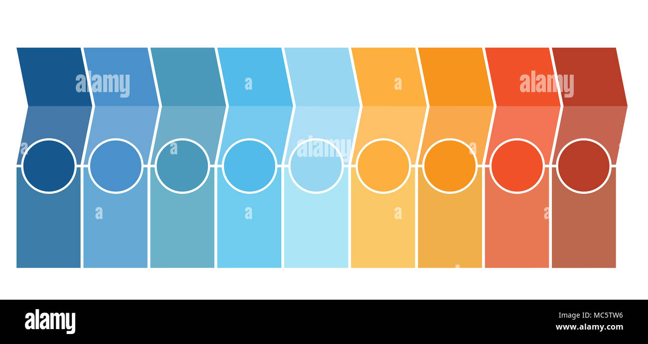Modello Infographics, frecce, colonne, cerchi, design per la Timeline nella posizione 9 può essere utilizzato per il flusso di lavoro, banner, diagramma, web design grafico ad area. Foto Stock