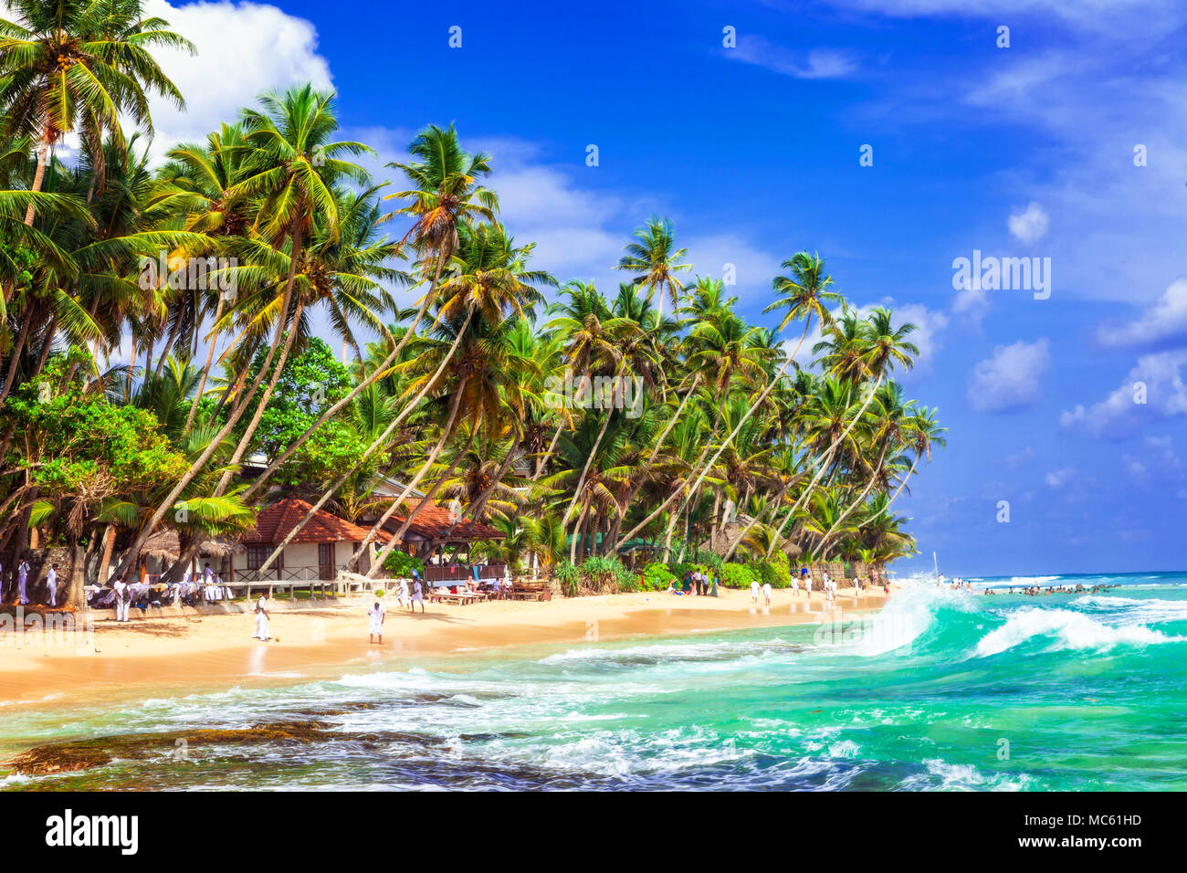 Bellissima spiaggia di Hikkaduwa,vista con palme e mare,Sri Lanka. Foto Stock