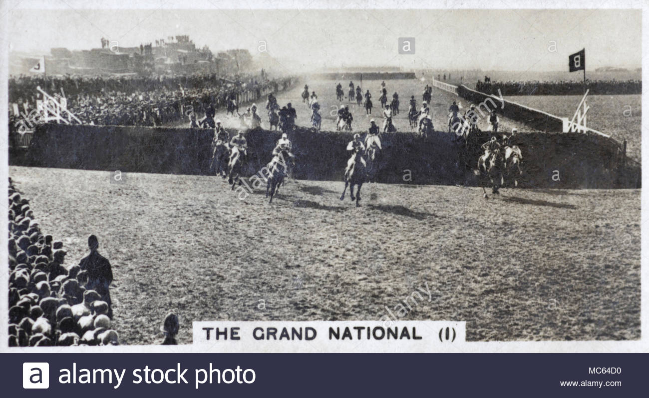 Il Grand National - folla guarda cavalli da salto oltre il becher di Brook, l'Aintree Racecourse 1932 Foto Stock