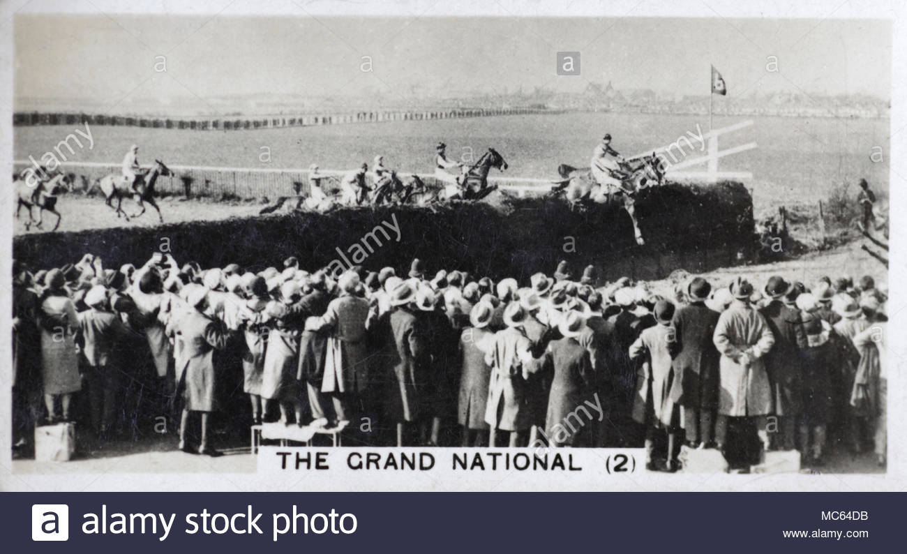Il Grand National - folla guarda cavalli da salto oltre il becher di Brook, l'Aintree Racecourse 1932 Foto Stock