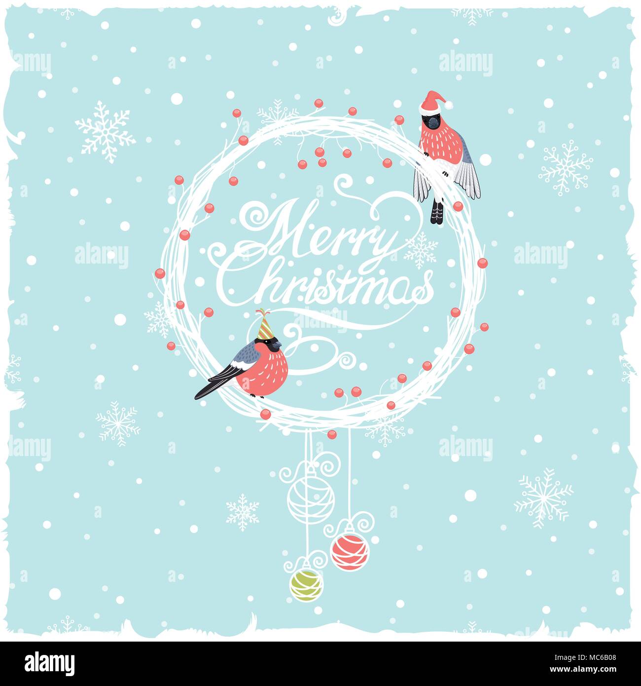 Sfondo di natale con corona e divertente bullfinches Illustrazione Vettoriale