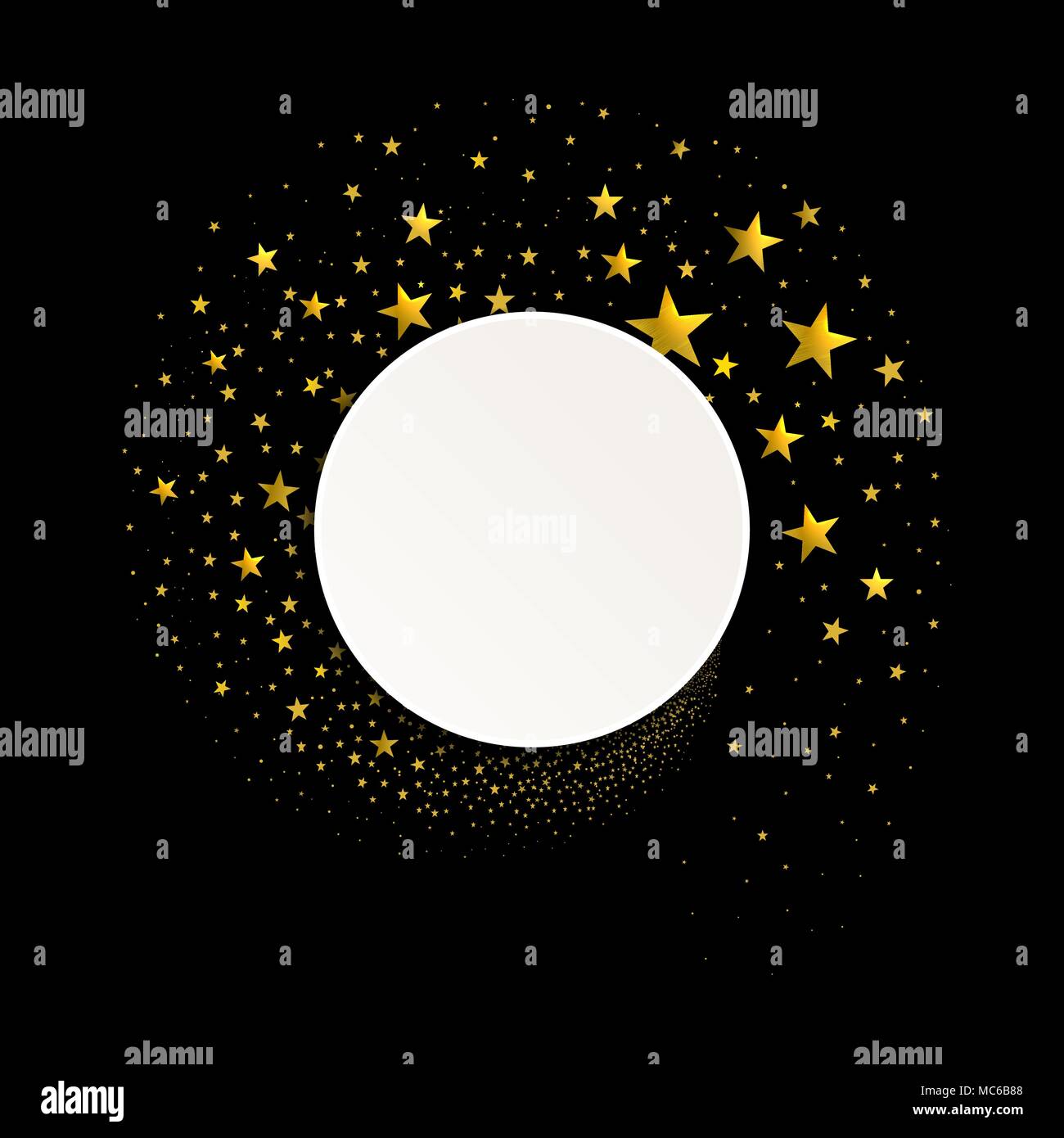 Round banner con un flusso di stelle dorate su sfondo nero Illustrazione Vettoriale