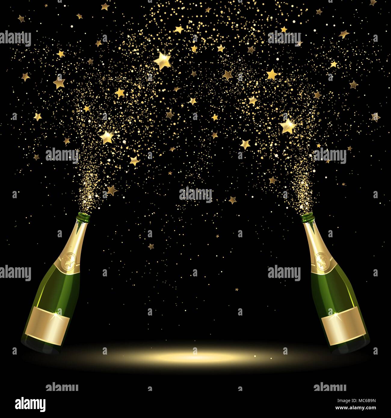La bottiglia spray di champagne golden coriandoli su sfondo nero Illustrazione Vettoriale