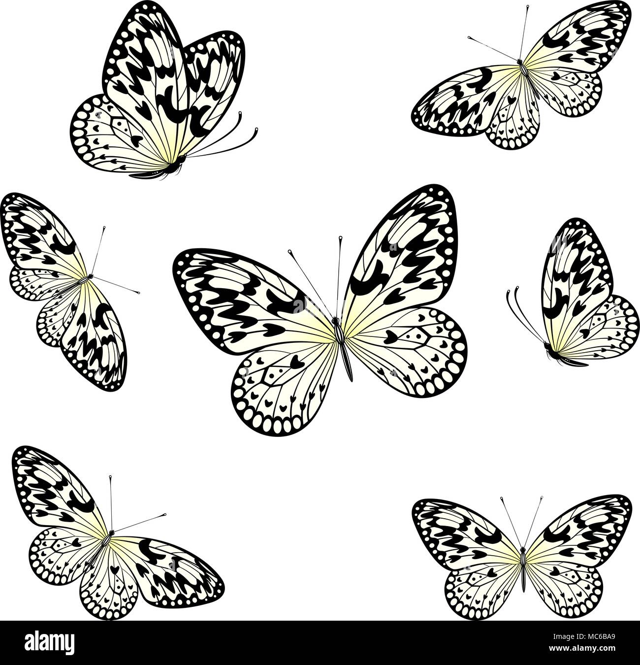 Stilizzata farfalle volare su sfondo bianco Illustrazione Vettoriale