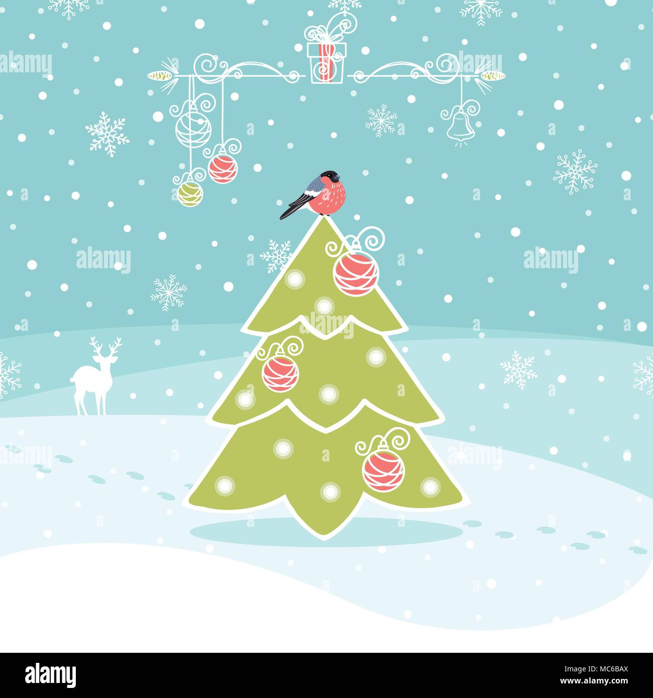 Inverno sfondo con albero di Natale e bullfinch Illustrazione Vettoriale