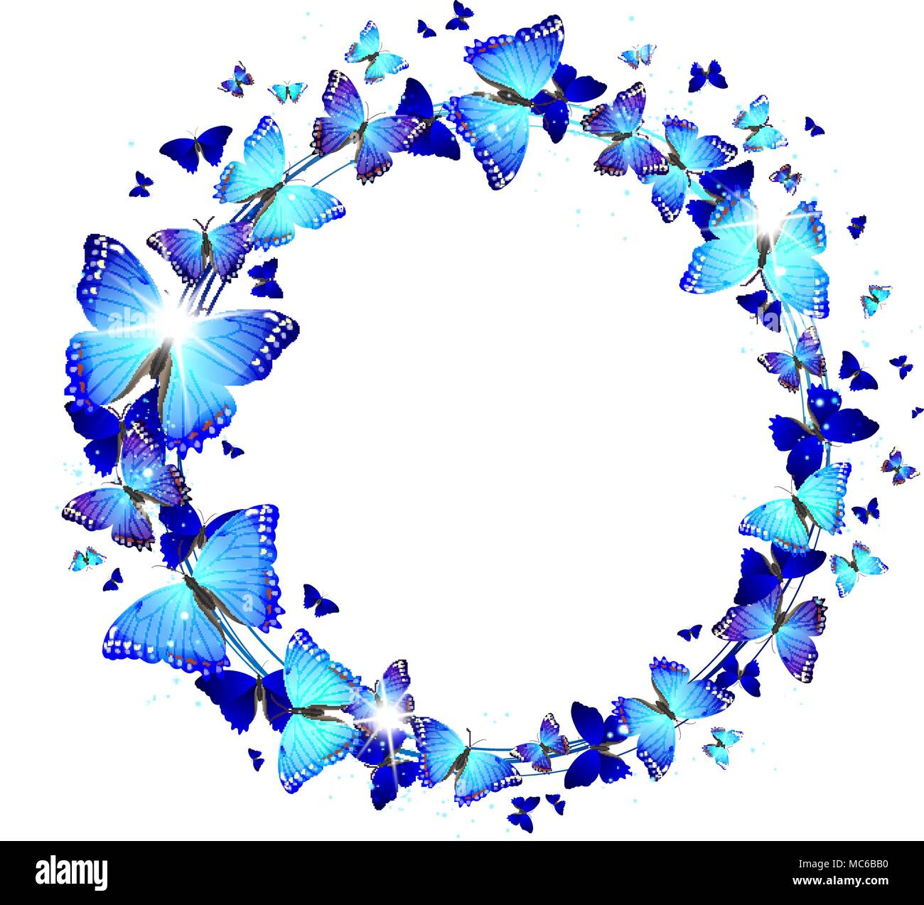 Ghirlanda di farfalle blu su sfondo bianco Illustrazione Vettoriale