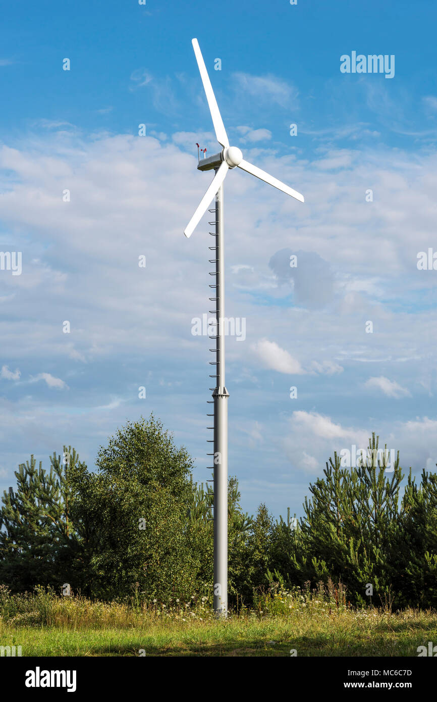 Energia pulita bianco turbina eolica in campo verde con fiori e alberi piccoli. Foto Stock