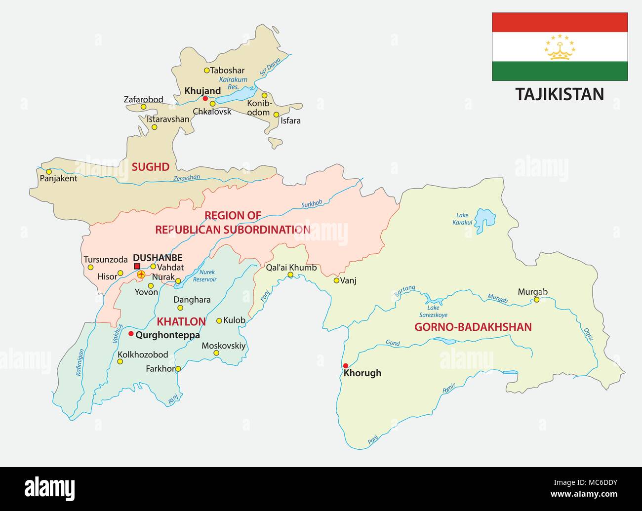 Tagikistan politica e amministrativa di mappa vettoriale con bandiera Illustrazione Vettoriale