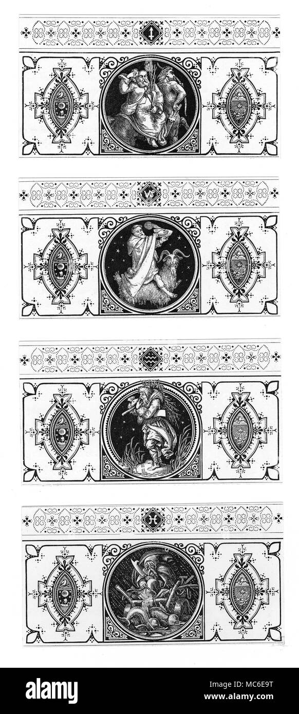 Astrologia - segni dello Zodiaco Il sigils e immagini per zodiaco sagittario, capricorno, acquario e pesci, dalla serie di John Leighton, la vita dell uomo, 1866. L'immagine del Sagittario è il centauro che porta su è in grado indietro una divinità agricola. Il Capricorno è il simbolo del Natale come una cristianizzazione delle feste pagane - un sacerdote (con una croce in evidenza) detiene una ciotola wassal, e cavalca una capra, l'immagine del segno. Aquarius il portatore dell'acqua sembra essere troppo freddo per adempiere al suo dovere - il vaso delle acque si trova ai suoi piedi, come egli cerca di farsi caldo in amara col Foto Stock