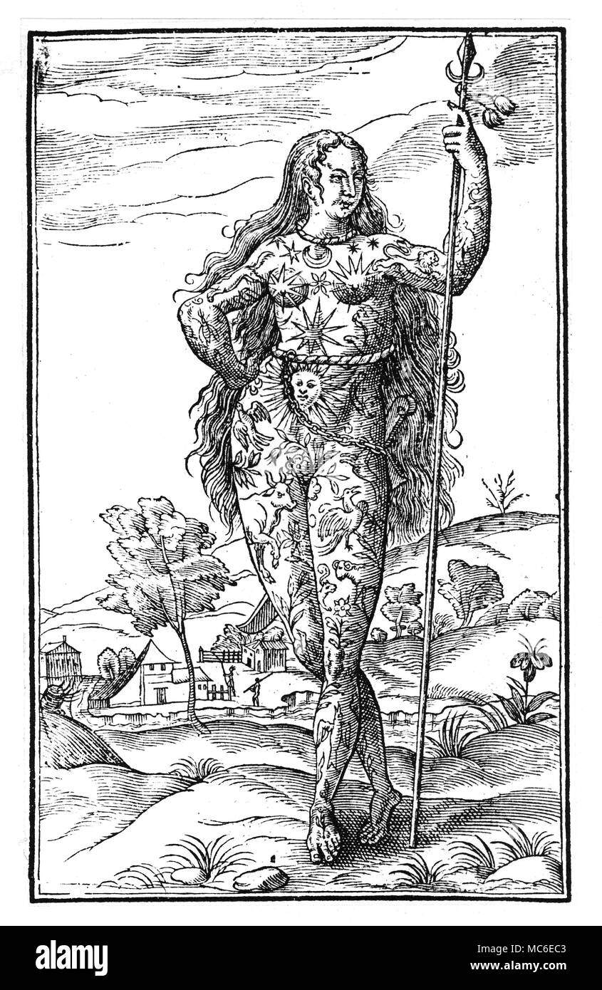 Tatuaggi xilografia di antico britannico guerriero femmina con corpo coperto di tatuaggi e. Da Giovanni velocità, il Teatro dell'impero di Gran Bretagna, 1676. Foto Stock