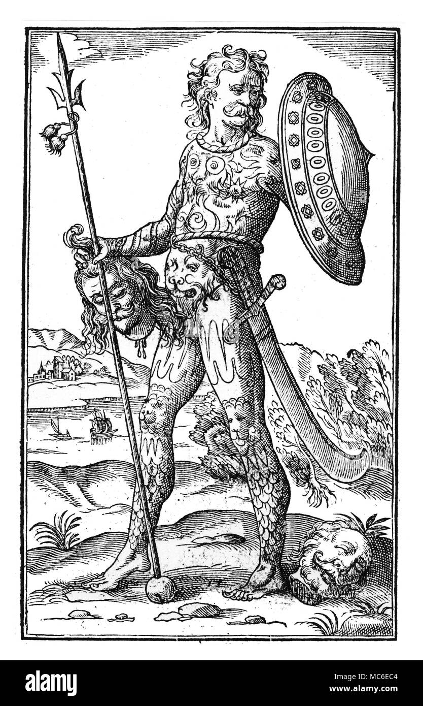 Tatuaggi xilografia di antico guerriero britannica, con il corpo coperto di tatuaggi. Da Giovanni velocità, il Teatro dell'impero di Gran Bretagna, 1676. Foto Stock