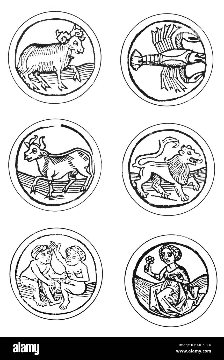 ZODIACS primi sei immagini di segni zodiacali: in colonne - Ariete, Toro e Gemelli - Cancro, Leone e Vergine. Xilografia roundels del tardo XV secolo. Foto Stock