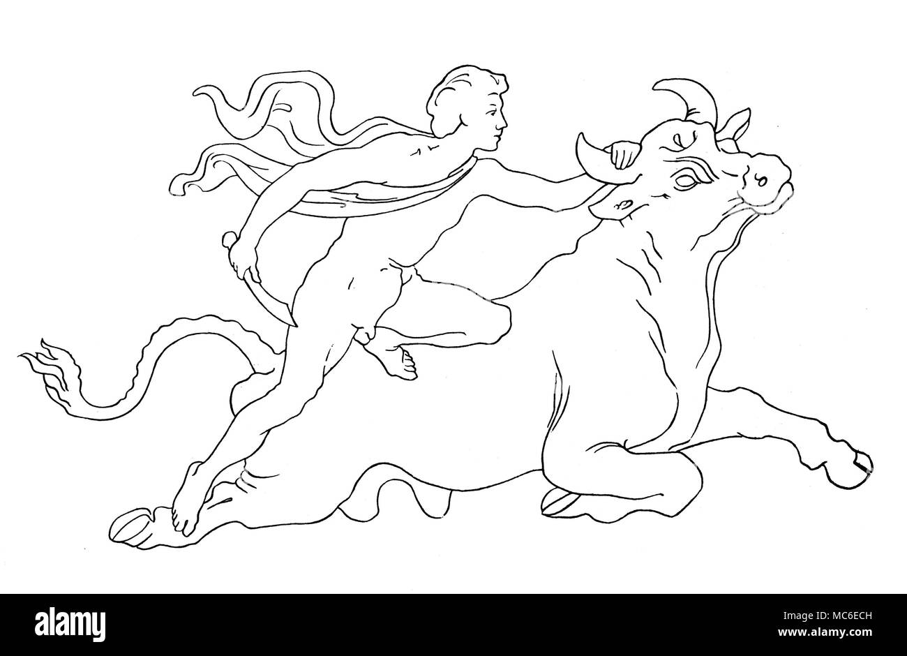 Disegno di mitra del bassorilievo di Mitra che uccide il toro, che è incisa, in quasi un luogo inaccessibile, il frontone orientale di Rosellino il monumento al Principe Cardinale del Portogallo, nel principe della cappella (finito di c. 1466), in San Miniato al Monte, Firenze. Questo Mitra è parte del mistero zodiacale del Toro, che permea la Chiesa, che fu fondata (nella sua forma attuale) nel maggio 1207, quando vi è stato un incontro di cinque pianeti in Toro. Foto Stock