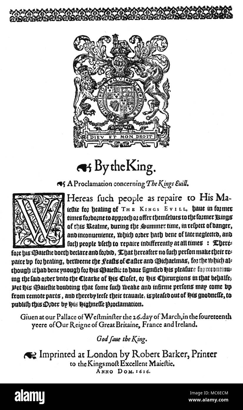 MEDICAL un annuncio, del 1618, pubblicato presso il comando del Re Giacomo I, istruire inglese oncia per seguire il 'medicinable ricevute' del nuovo dispensario stampato, Pharmacopoea Londinensis (che reca nella Raccolta). Il dispositivo reale di corona, Lion e Unicorn è riecheggiato nel titlepage di quest'ultimo lavoro. Foto Stock