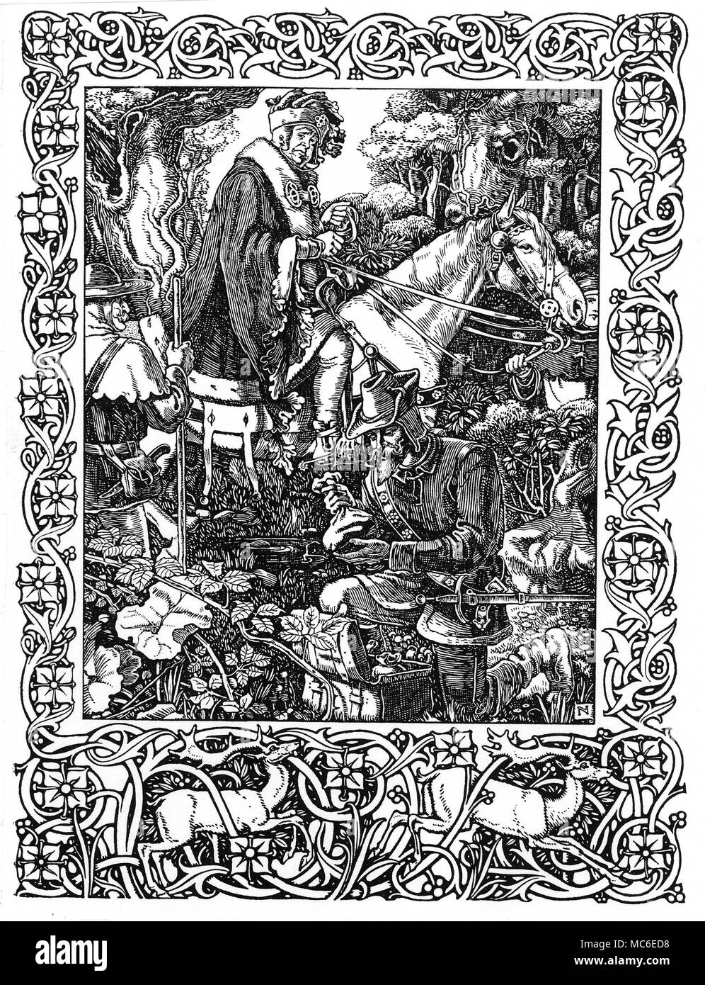 Mitologia - ROBIN HOOD Robin Hood e il suo allegro uomini alleviare lo sceriffo di Nottingham della sua ricchezza nella Foresta di Sherwood. Dal nobile nascita e Atchievements galante di quello straordinario fuorilegge, Robin Hood, da 'un ingegnoso antiquario'. Foto Stock