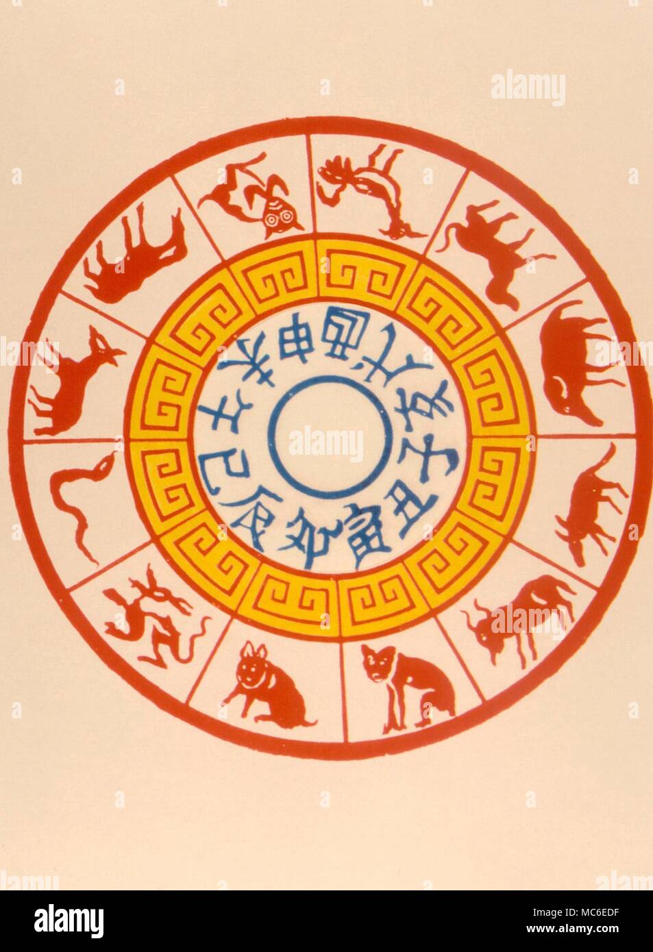 Il Zodiaco Cinese con i caratteri e le immagini dei dodici animali che rappresentano i dodici segni zodiacali Foto Stock