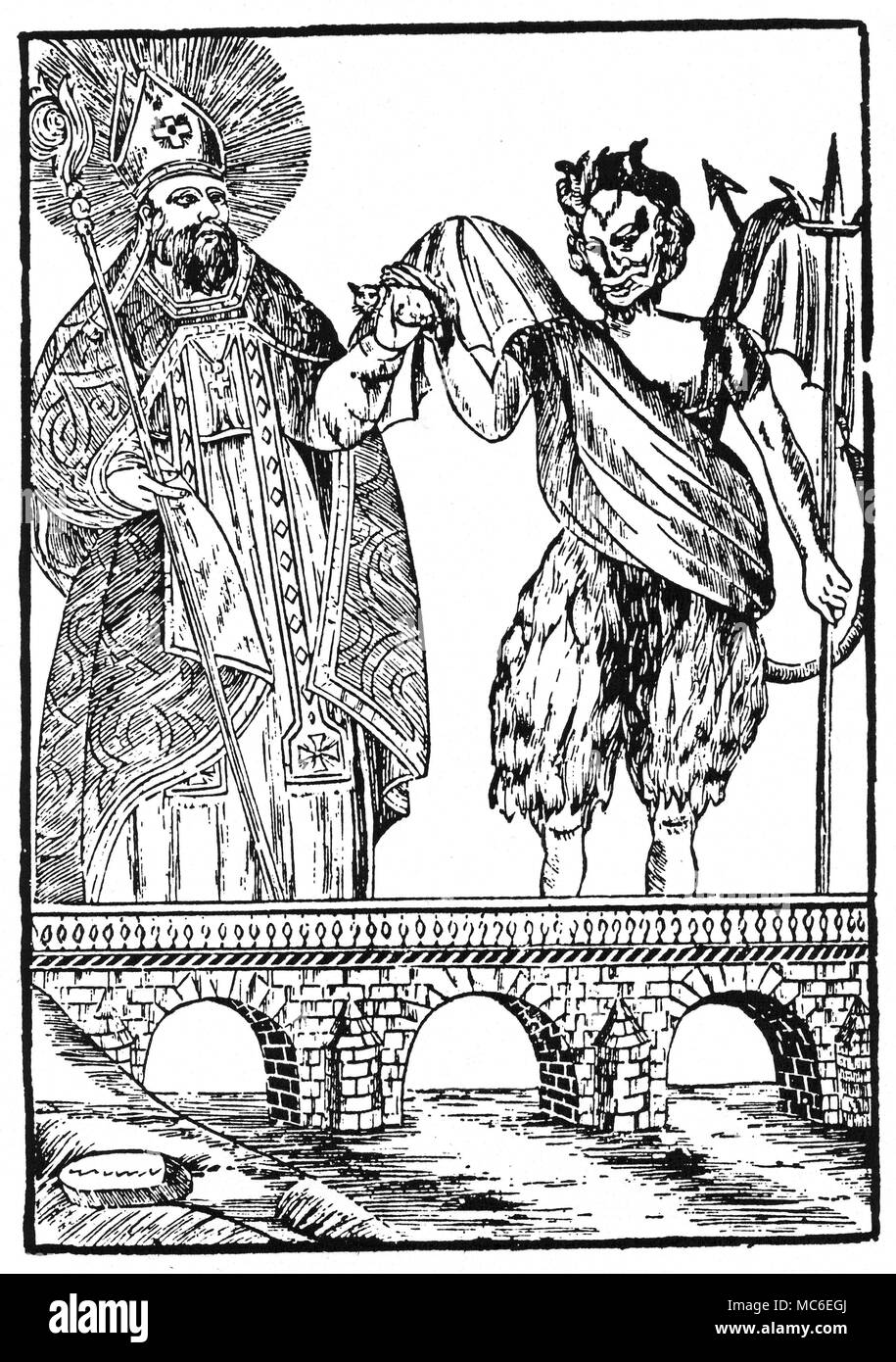 DEMONS - i gatti un curioso contratto - Saint Cado offre il diavolo un gatto, con la comprensione che, in cambio, il Diavolo sarà costruire un ponte. La stampa non raccontano tutta la storia: apparentemente, Saint Cado aveva ingannato il diavolo, che pensavano che egli avrebbe ricevuto in ritorno per le sue fatiche, un'anima umana. Woodengraving del 1855. Foto Stock