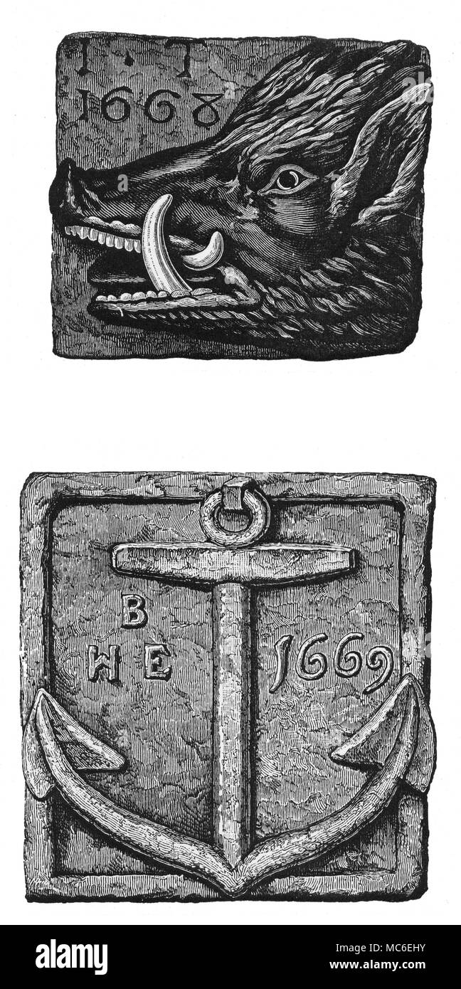 INN segni [Top] segno del cinghiale testa del public house, in Eastcheap, Londra. [Bottom] Firma dell'ancoraggio, un pub di Londra: il segno è stato realizzato nel 1669, dopo il Grande Incendio di Londra. Foto Stock