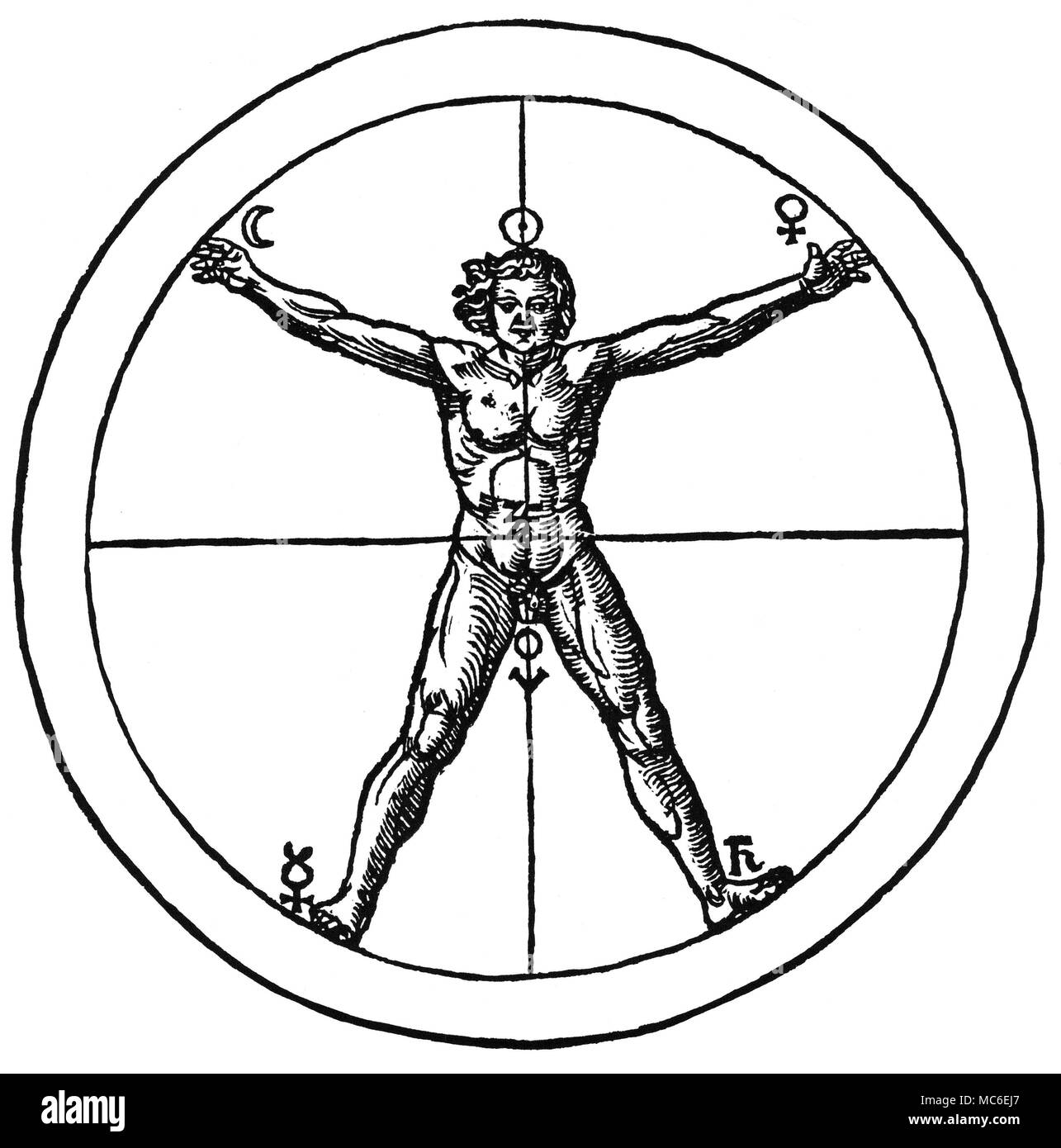 I simboli magici - PENTAGRAMMIC uomo il cosiddetto pentagrammic uomo in piedi in un cerchio il cui centro è l'ombelico. Sigils epicicloidali sono collegati a ciascuna delle estremità (la quinta è la testa solarized). Da Cornelius Agrippa, De occulta philosophia, edizione 1533. Foto Stock