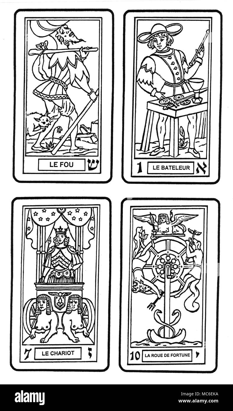 Tarocchi - Oswald Wirth PACK sebbene la Oswald Wirth deck è attribuito in un design a Wirth, il fatto è che l'idea per il ponte è stato suggerito dal francese occultista Eliphas Levi, ed è impregnato di ottocento romantico occultismo. Wirth è stato aiutato nel suo disegno in parte da Stanislas de Guaita, che interposto un numero di ottocento concetti occulto su una piattaforma che nei confronti di un ottimo affare per il tradizionale design di Marsiglia. Queste quattro carte dalla Oswald Wirth deck sono stati scelti per illustrare qualcosa di Wirth e de Guaita l'approccio unico simbolismo dei Tarocchi. L'z Foto Stock