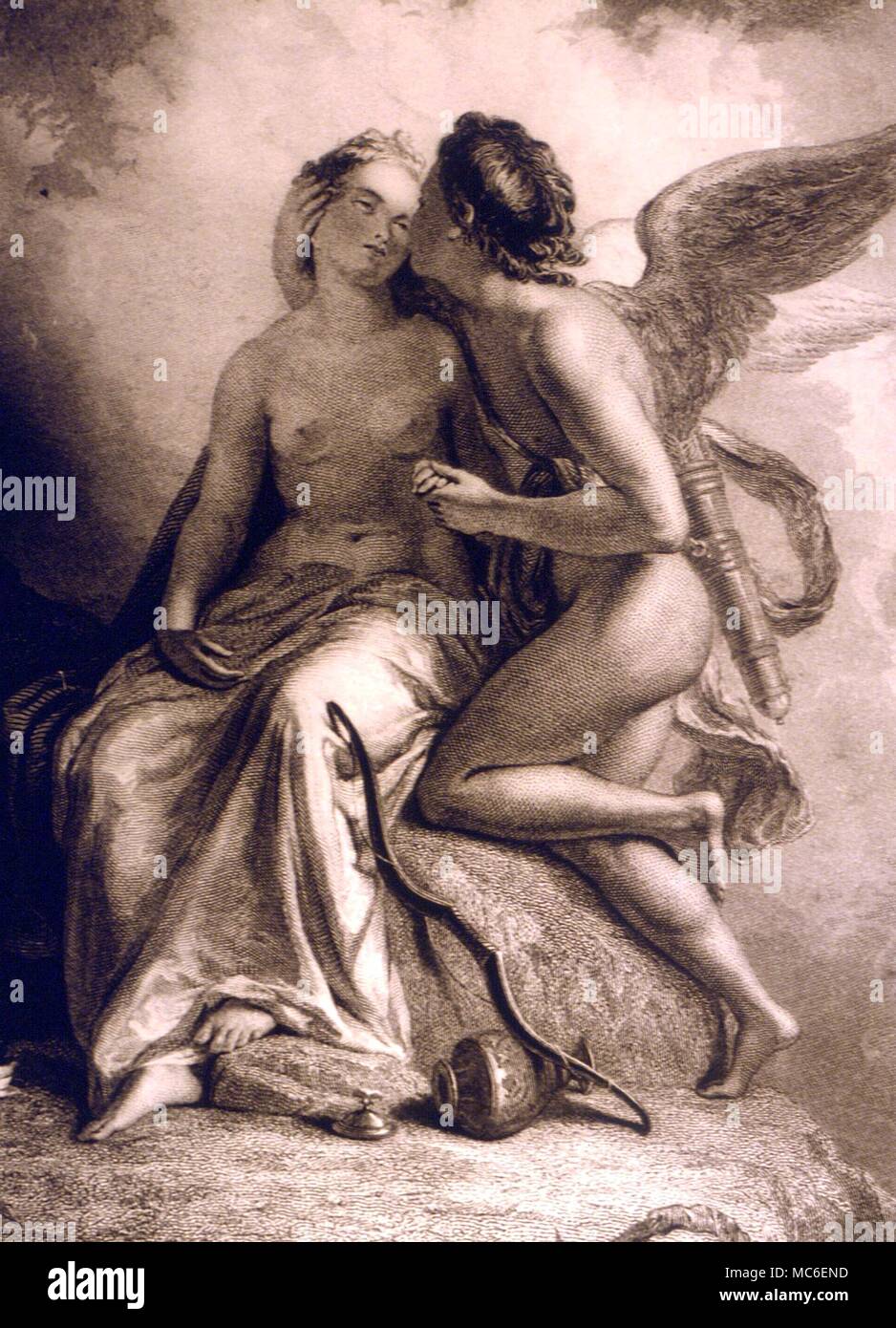 Mitologia - Amore e Psiche. Amorino che abbraccia l'anima, Psiche. dipinto di J Uwins, inciso da mi stock. L'arte ufficiale, 1855 Foto Stock