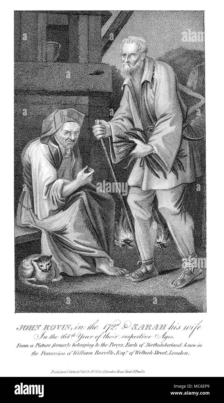 Strani fenomeni - Persone di età Giovanni Rovin nel 172nd anno della sua vita e la sua moglie Sarah, nel 164anno della sua vita. Incisione dopo un dipinto precedentemente in possesso dei conti di Northumberland. Incisione del 1814. Incisione utilizzato in Kirby è meraviglioso e Museo eccentrico; o, Rivista di notevoli caratteri, 1820. Foto Stock