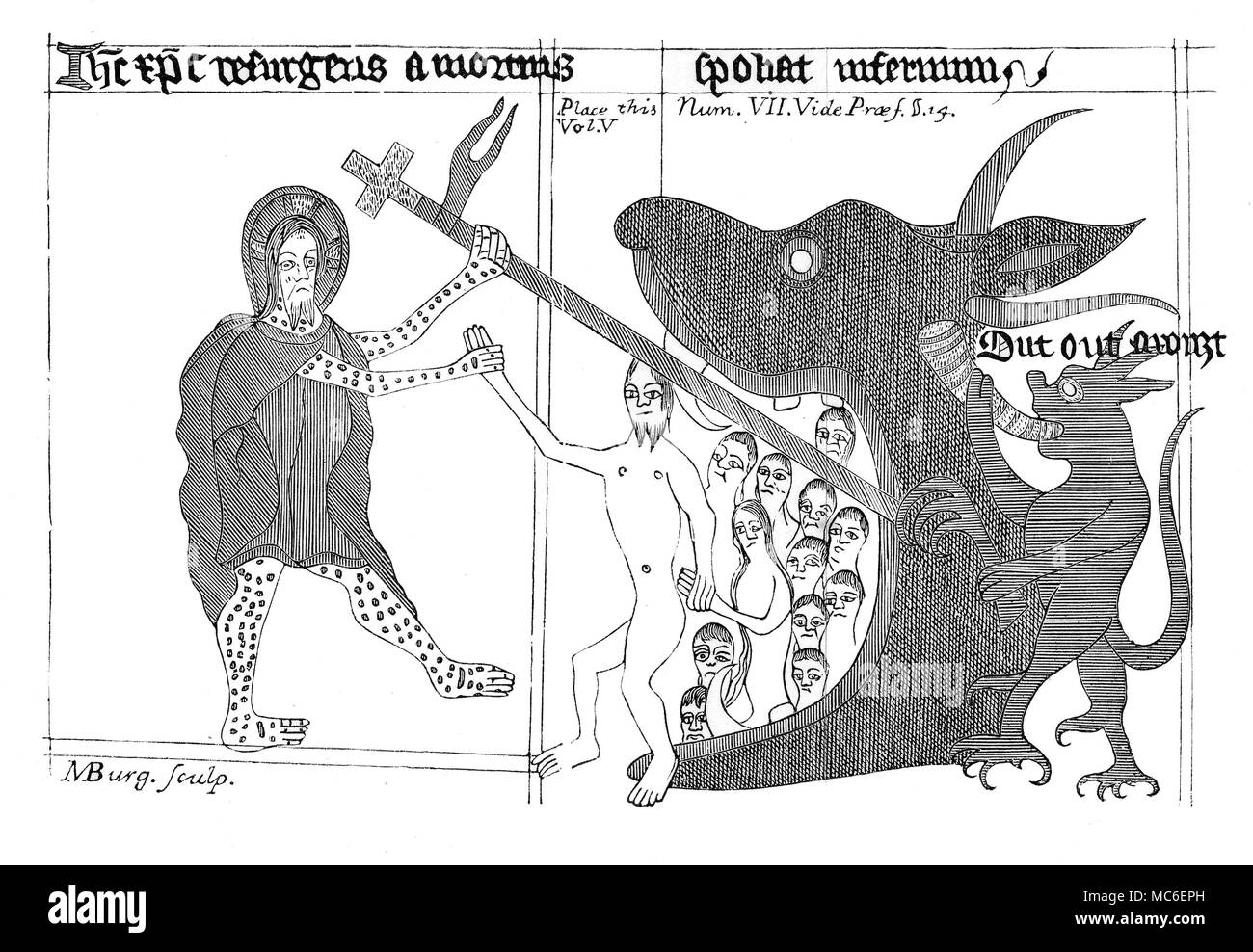 CHRISTIAN - Cristo & Hell incisione di Michael borghesi raffigurante Cristo liberare i peccatori dalla bocca dell'Inferno. Questo è il famoso fold-out incisione, 'Hearne's Stampa della discesa agli inferi", utilizzato in William Hone, antichi misteri descritto, soprattutto egli miracolo inglese gioca, 1823. L'incisione è di grande importanza perché il lessicografo, il dottor Johnson, ha preso la parola arognt rilascio dalla bocca del lato destro diavolo, come una autorità per la parola aroint - parola che compare due volte in Shakespeare. Foto Stock