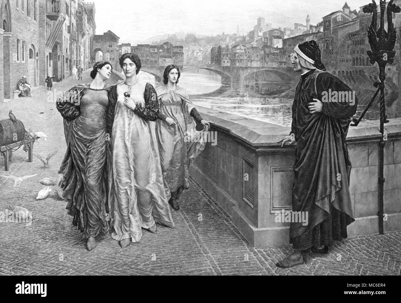 Gli occultisti - DANTE l incontro di Dante e Beatrice, inciso stampa del 1904, dopo la pittura di Henry Holiday. Sullo sfondo si può vedere la basilica di San Miniato al Monte, che era Dante preferiti della chiesa e che ancora è famosa per il suo zodiaco medievale, con cui Dante era familiare. Foto Stock