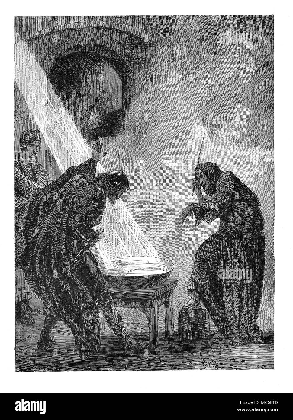 Divinazione - CATOPROMANCY una strega la divinazione del futuro per mezzo di uno specchio, riflettendo la luce entro un recipiente di acqua: woodengraving dal pittoresco della scienza per i giovani. Foto Stock