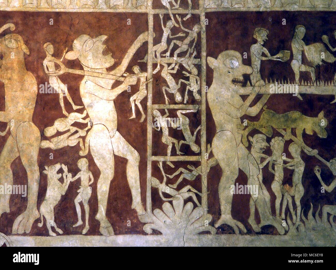 L'INFERNO - Dettaglio di demon torturare i dannati in inferno, dal 12rh affresco cinquecentesco nella chiesa a Chaldon (Surrey). La Scaletta è la scaletta della salvezza, la parte superiore di cui è frequentato da angeli Foto Stock