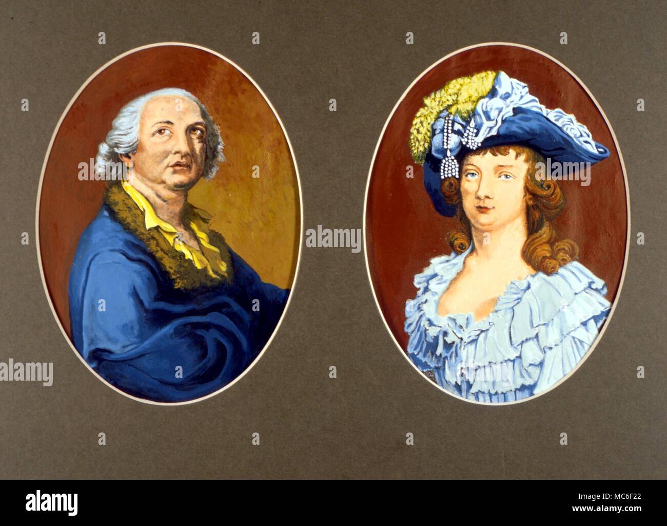 Gli occultisti Portrait miniature del conte Alessandro Cagliostro (1743-1795?) e sua moglie, la contessa. Collezione privata Foto Stock