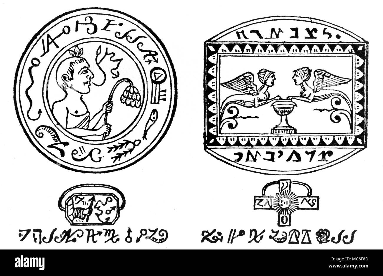 Schemi di ring-gem progetta dalla tradizione grimoire. Questi disegni sono dal manoscritto conosciuto come "l'età delle Piramidi'. Che a sinistra causerà terremoti, stelle a cadere dal cielo, tempeste e distruzione generale. Che a destra sarà il comando genies per qualsiasi lavoro il mago desideri. Foto Stock