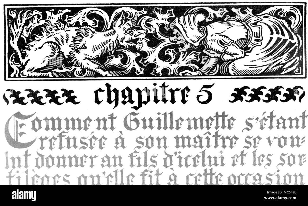 Strega e familiarità affacciati in una cornice floreale. Capitolo-voce, dal libro di stregoneria, basata sulle prove di witchhunter Bodin, "La Vie esecrabile per Gullimette Babin". Foto Stock Strega e familiarità affacciati in una cornice floreale. Capitolo-voce, dal libro di stregoneria, basata sulle prove di witchhunter Bodin, "La Vie esecrabile per Gullimette Babin". Foto Stock