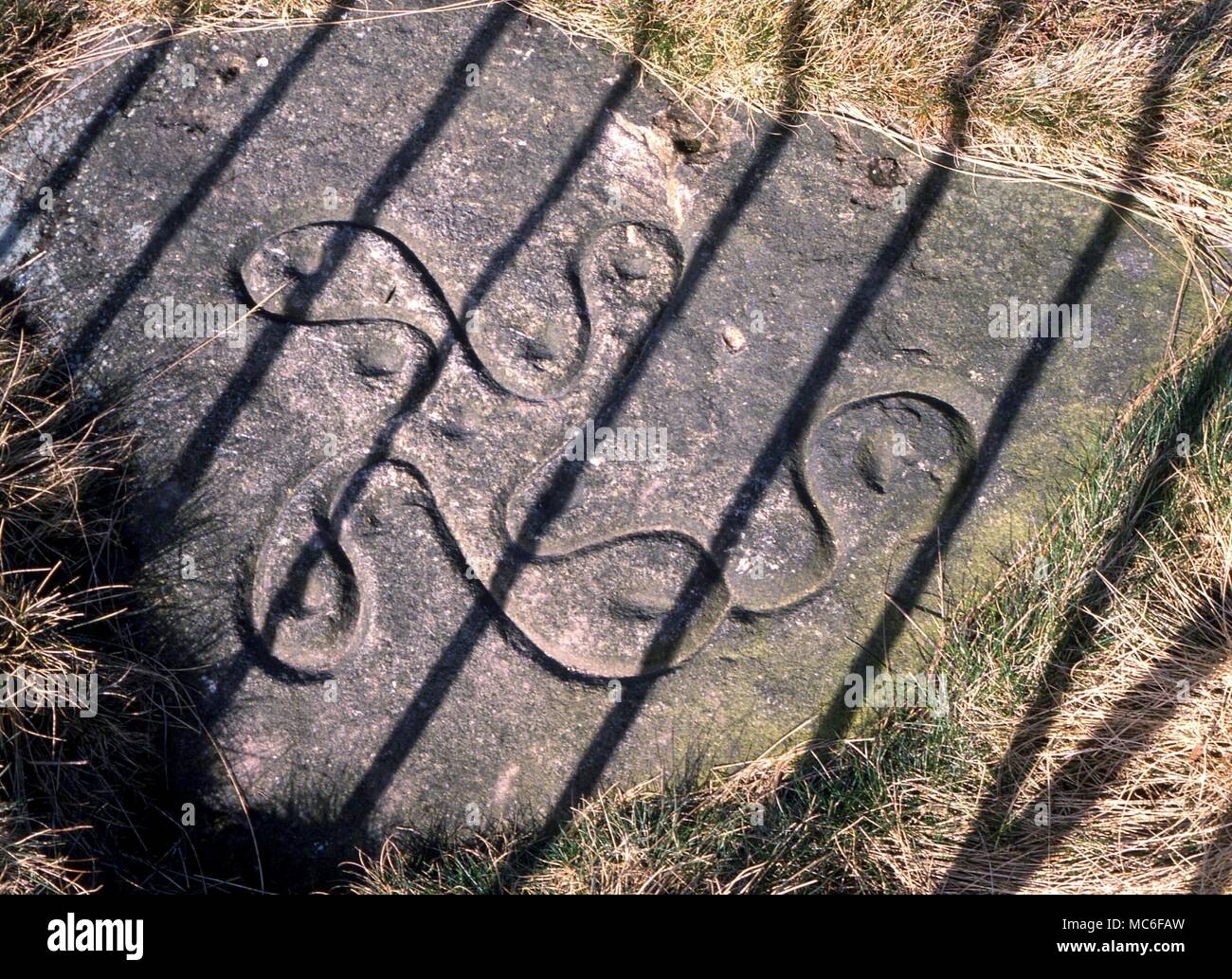 SWASTIKA la preistorica carving chiamati erroneamente una svastica, sulla "Pietra wastika' su Ilkley Moor. L'originale è nelle vicinanze - questa è una copia moderna, imprecisa in alcuni dettagli Foto Stock