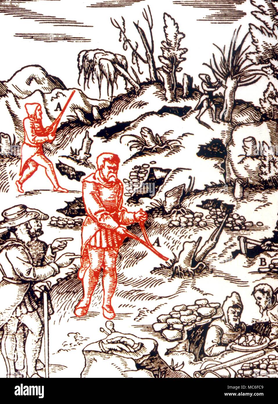 Radioestesia acqua divinazione (Rhabdomancy) illustrazione di acqua la divinazione o di esplorazione per il potenziale minerario per mezzo delle aste di divinazione. Da Georg Agricola "De re metallica, 1571 Foto Stock